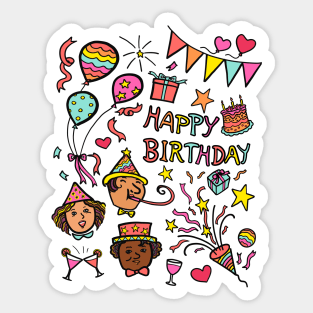 Illustration drawing of multi-ethnic group of young people celebrate birthday party. Happy birthday celebration concept. Sticker